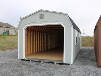 Pine Creek 12x28 Dutch Garage with Light Gray walls, White trim and White shutters, and Charcoal shingles