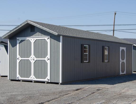 12x32 Front Entry Peak Storage Shed with Dark Grey Engineered LP Siding