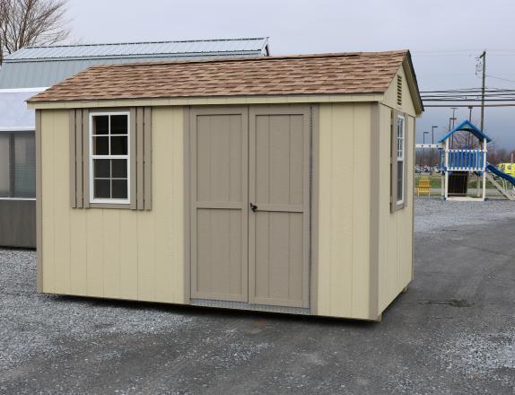 Pine Creek 8x12 HD Peak with Beige walls, PC Clay trim and PC Clay shutters, and Shakewood shingles