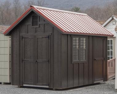 8x12 Cape Cod Storage Shed with Ebony Polyurethane on LP Board 'N' Batten Siding and Red Metal Roof