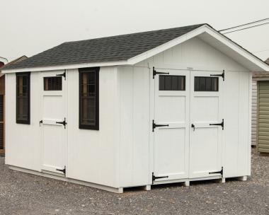 10x14 Front Entry Peak Roof Style Storage Shed with White Siding and Black Window Trim