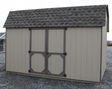 Pine Creek 10x14 Madison Dutch Barn with PC Clay walls, Bronze trim, and Weatherwood shingles