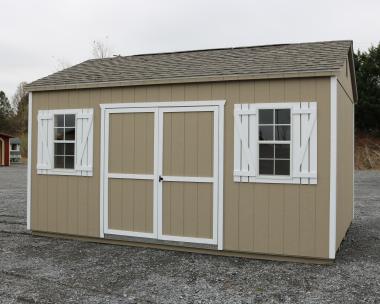 Pine Creek 12x16 HD Peak with PC Clay walls, White trim and White shutters, and Weatherwood shingles