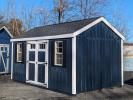 Midnight blue 10x16 A-Frame shed with white trim and black shutters