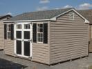 10x14 Peak Style Portable Storage Shed with Pebble Clay Vinyl Siding, Black Wood Doors, and Shelves Built Inside